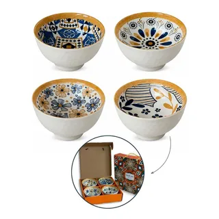 Nataluz Kit 4 Bowls Tigelas Cerâmica Decorados 280ml Caixa Presente Colorido