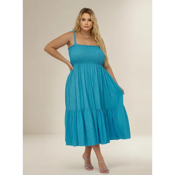 Vestido Midi Plus Size Alça Larga Cores Liso Verão Acinturad