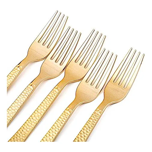 48 Tenedor Plastico Diseño Martillado Dorado 7  Largo Para