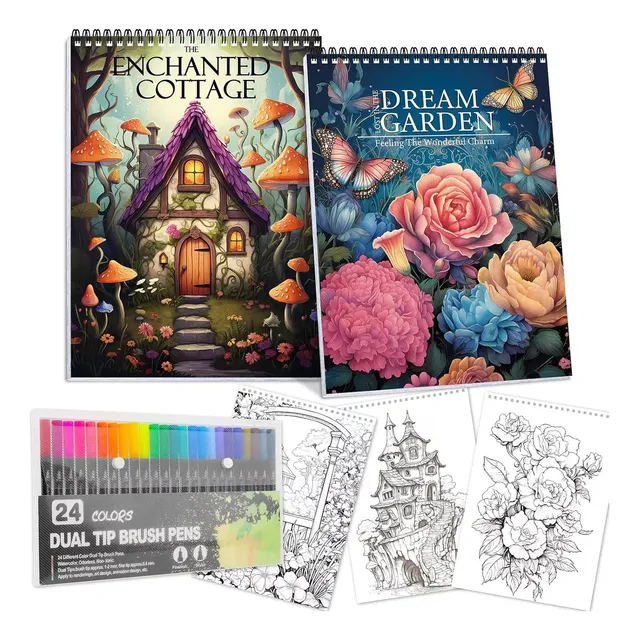 Set 4 Libros Para Colorear Y Rotuladores, Mándala De Cabañas