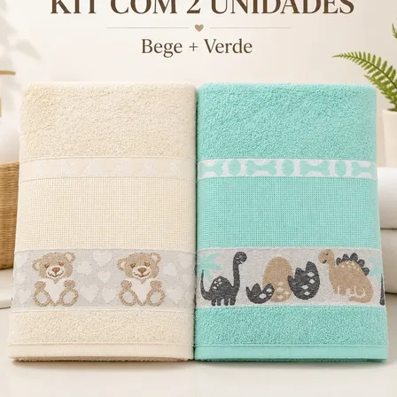 Kit 2 Toalha De Banho Infantil Personagens 100% Algodão Kids Verde-bege