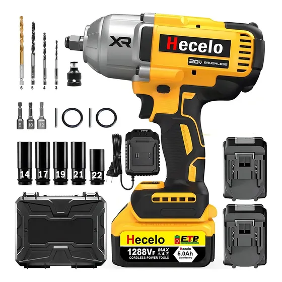 Hecelo Llave De Impacto Alto Torque 2 Batteries 1/2 Great Capacity | ¡incluye Kit De Enchufes De Regalo Y Maletín Plástico