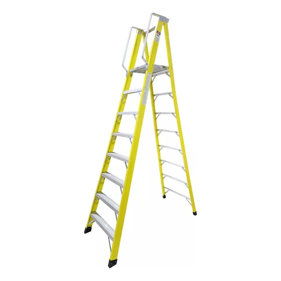Escalera Industrial Plataforma Fibra De Vidrio 8 Peldaños De Alta Calidad Marca Aspor Color Amarillo Aluminio Aislante Plegable Electricista