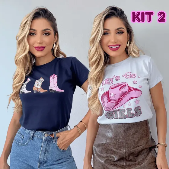 Kit 2 Blusas T-shirt Feminina Moda Country Algodão Rodeio