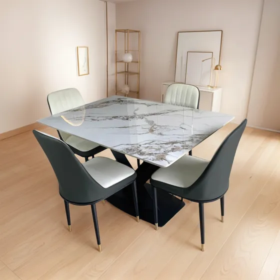 Comedor Montessori 4 Sillas Mesa Piedra Marmol Base Metalica