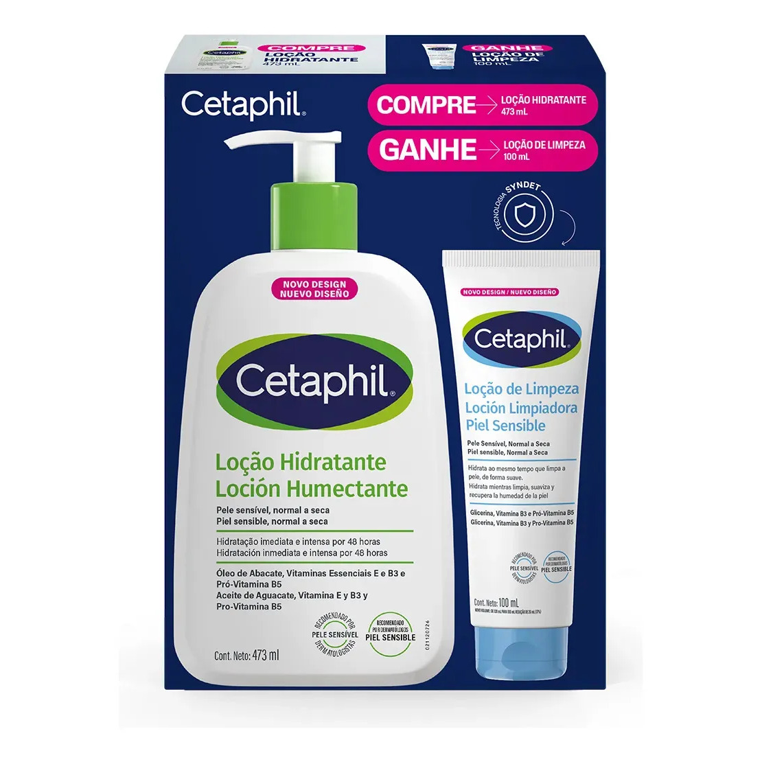 Kit Cetaphil Loção Hidratante 473ml + Loção de Limpeza 100ml - Hidratação 48h Corporal e Facial para Pele Sensível, Normal a Seca