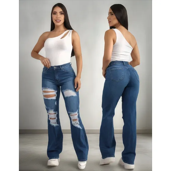 Pantalones Ripped Jeans Rotos Mujer Largo Anchos