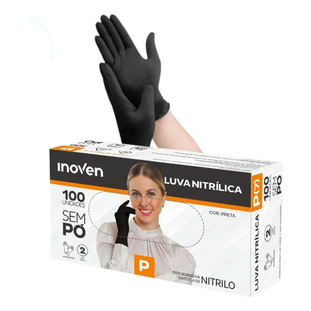 Luvas Descartável Nitrílica Preta Látex S/ Pó 100 Peças