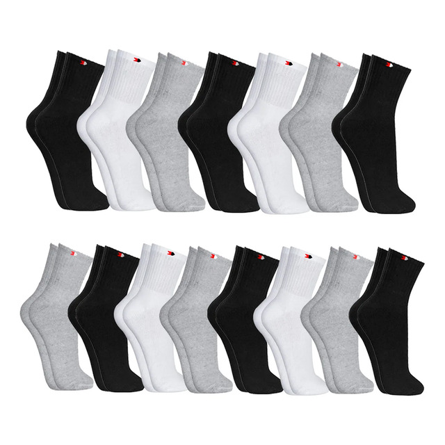 Kit com 15 pares de meias esportivas de cano médio da marca Sandrini, nas cores preta, branca e cinza, organizadas em duas fileiras sobre fundo branco.