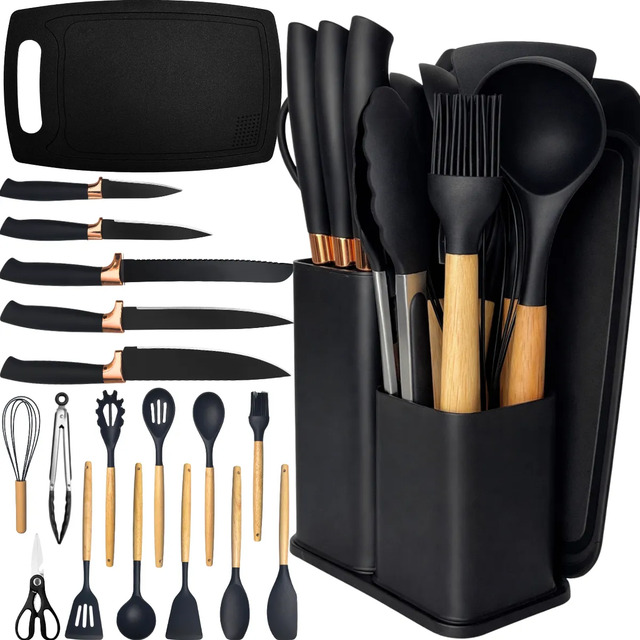 Kit Utensílios Silicone C/ Cabo De Madeira E Facas Em Inox