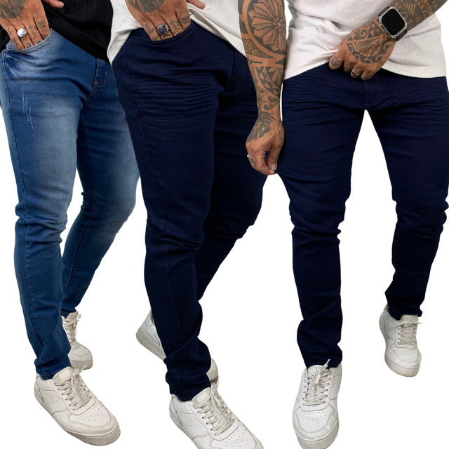 Kit 3 Calças Jeans Skinny Slim Tradicional Masculina Lycra Kit 3 Calças Jeans Skinny Slim Tradicional Masculina Lycra
