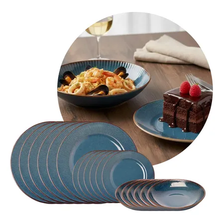 Aparelho Jantar 12 A 18 Pçs Ceramica Linear Premium Lyor Azul 6 Jantar 6 Fundo 6 Sobremesa 18 Pçs