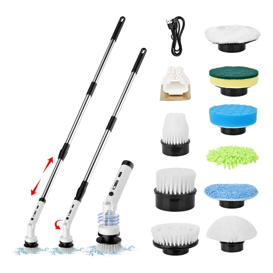 Cepillo eléctrico giratorio inalámbrico para limpieza doméstica con 10 cabezales reemplazables y 3 mangos ajustables. Ideal para baños, bañeras, azulejos, suelos y vidrio