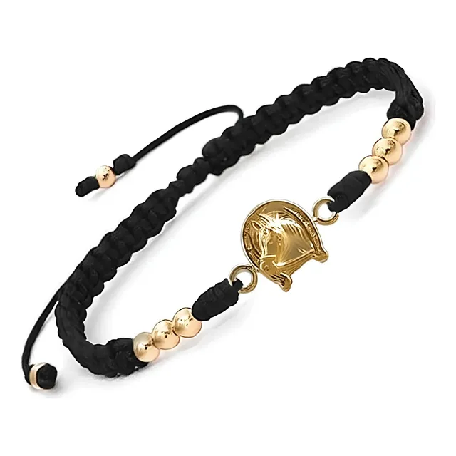 Pulsera Tejida Hilo Rojo Herradura Caballo Oro Laminado