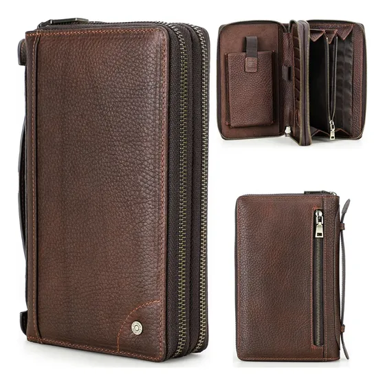 Top Grain Genuine Leather Clutch Wallet Con Wristlet 5ndnf