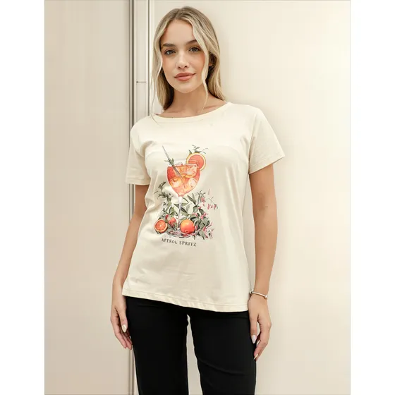 Remera Kori Mujer Algodón Clasica Estampada Aperol