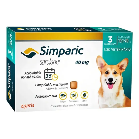Simparic Comprimido Antiparasitário Cães 10-20kg Pulgas Carrapatos 3un