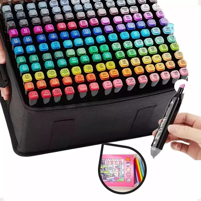 Kit Canetas Marcadores Permanentes 120 Cores Ponta Dupla + Livro Para Colorir Capa Dura A5 50 Folhas Original E Com Folha De Acetato