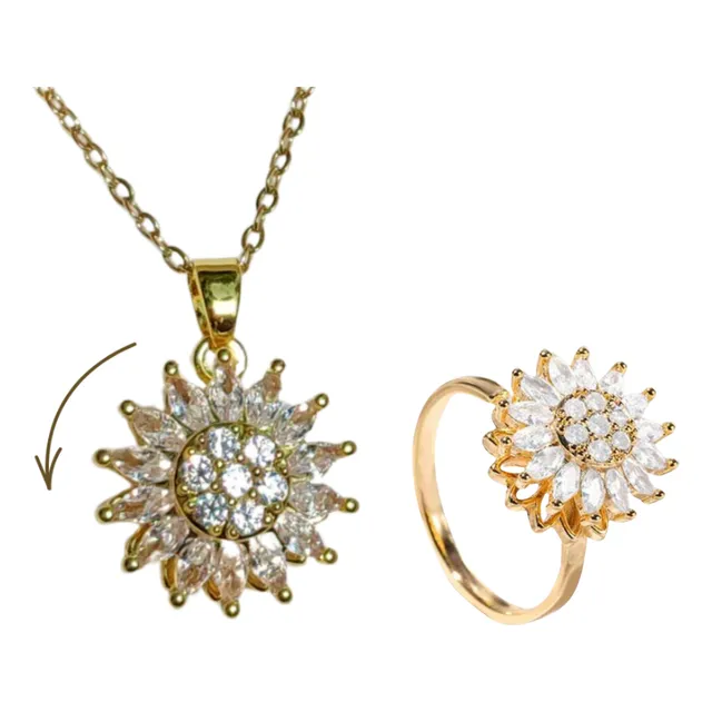 Collar Girasol Giratorio + Anillo Antiestres Joyería Lujo