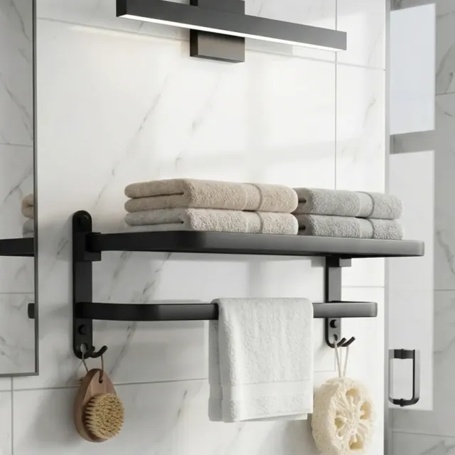 Suporte Porta Toalha Toalheiro Dobrável Banheiro Preto 47cm