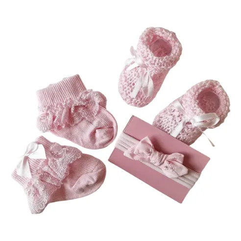 Conjunto Escarpines Vincha Medias Con Puntilla Bebe Rosa 0 A 3 Meses