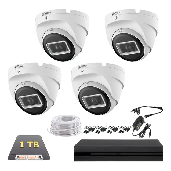Kit De Video Vigilancia 4 Cámaras Domo 2mp T2a21u Dahua - Dvr 4 Canales Full Hd 1080p - Disco 1tb - Juego De Baluns Con Cable 100m - Accesorios Kitdah2m4dm1balutp100 Cctv Circuito Cerrado Procam
