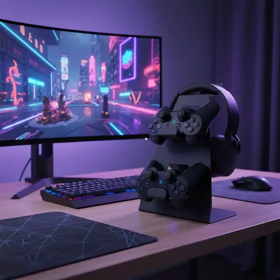 Suporte 2 Controles Videogame + Headset Gamer Aço Apoio Mesa