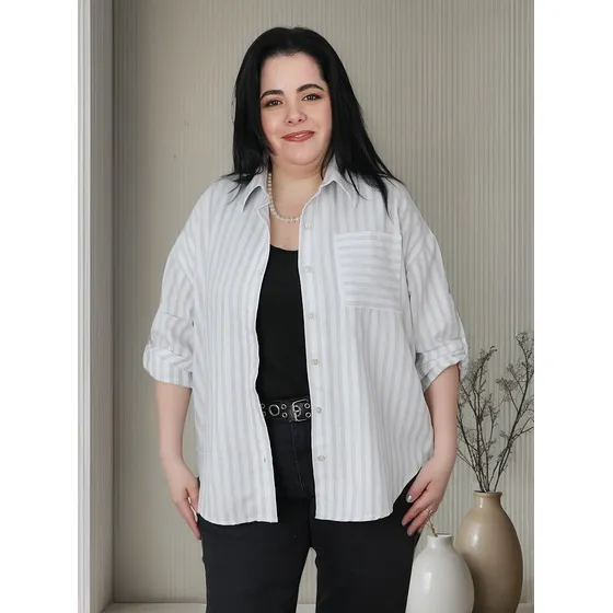 Camisa Popelina Rayada Gris Talles Grandes