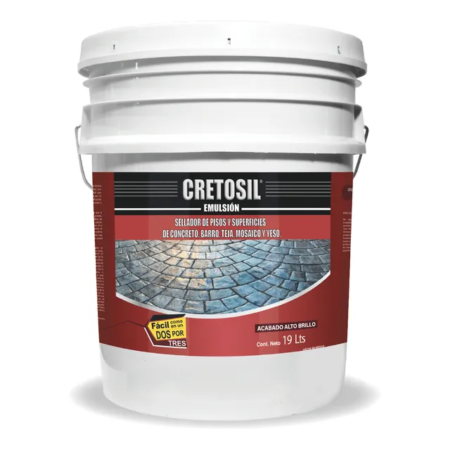 Cretosil Emulsión Sellador Apto para Pisos y Superficies porosas como: Concreto, Barro, Teja, Ladrillo, Cantera, Yeso, Piedras y más. 19 Lts. ( Acabado Brillante, Color Transparente )