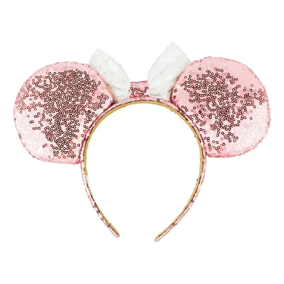 Tiara Orelhas Lantejoulas Arco Laço Branco Minnie Disney Cor Rosa