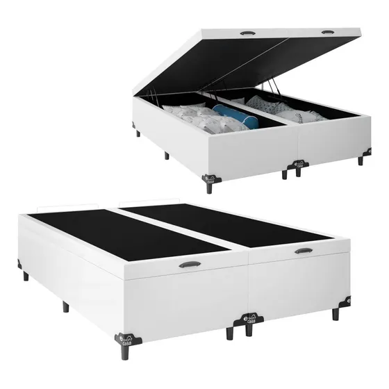 Cama Box Baú Queen Bipartido - 44x158x198cm - Couro Branco
