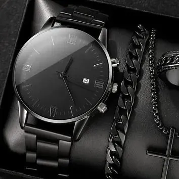 Kit 4 Peças Relógio Masculino Quartzo Aço Inox Preto