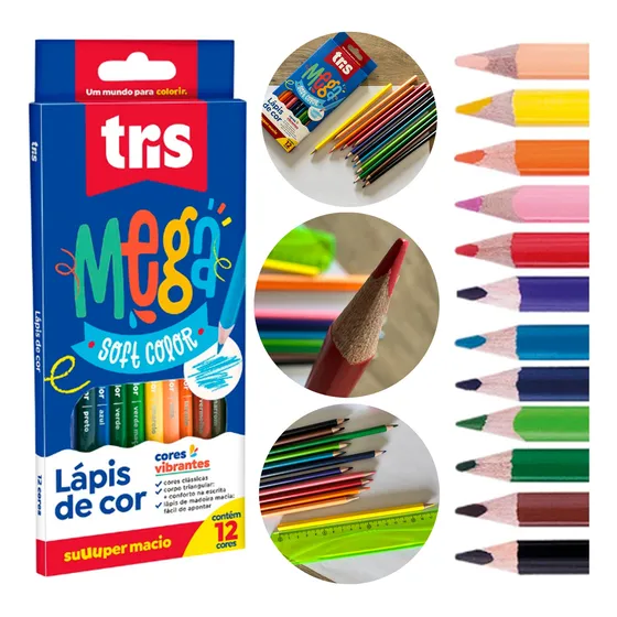 Lapis De Cor Caixa 12 Cores Escolar Mega Soft Tris Madeira