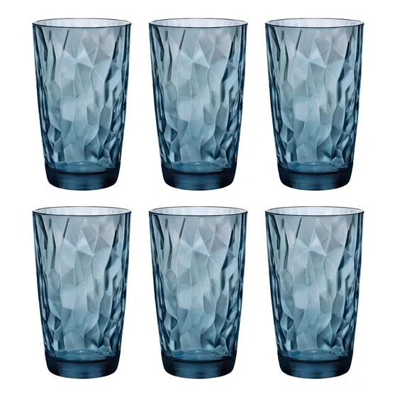 Copo Alto De Vidro Bormioli Rocco 470ml Azul Diamond 6 Peças