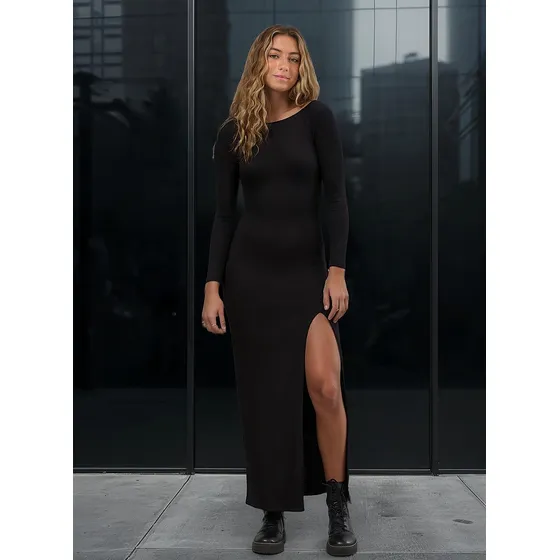 Vestido Midi De Manga Longa Com Fenda