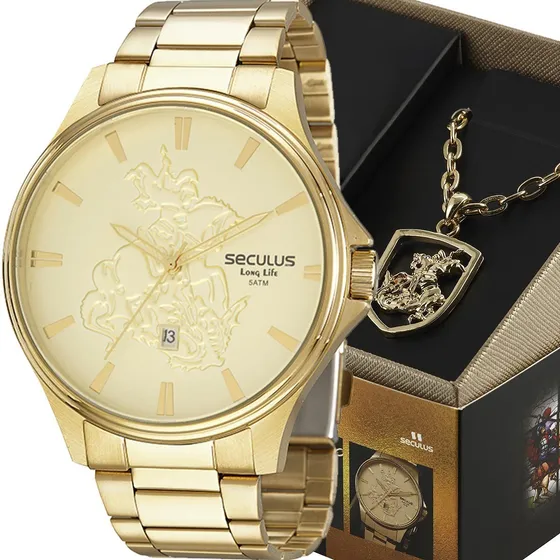 Relógio Seculus Masculino Dourado Long Life Cordão São Jorge