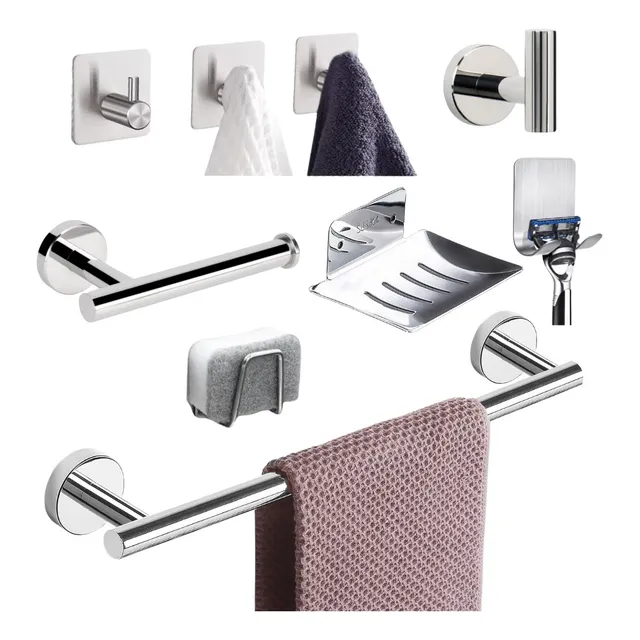 Set Accesorios Para Baño X 9 Piezas Acero Inoxidable