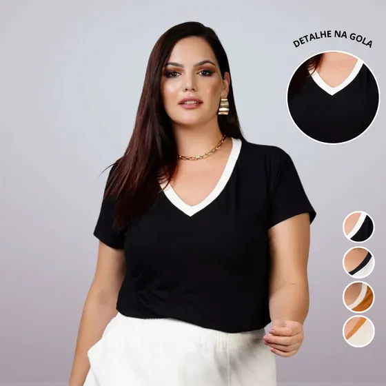 Camiseta Gola V Plus Size Feminina Blusa Bicolor Básica 