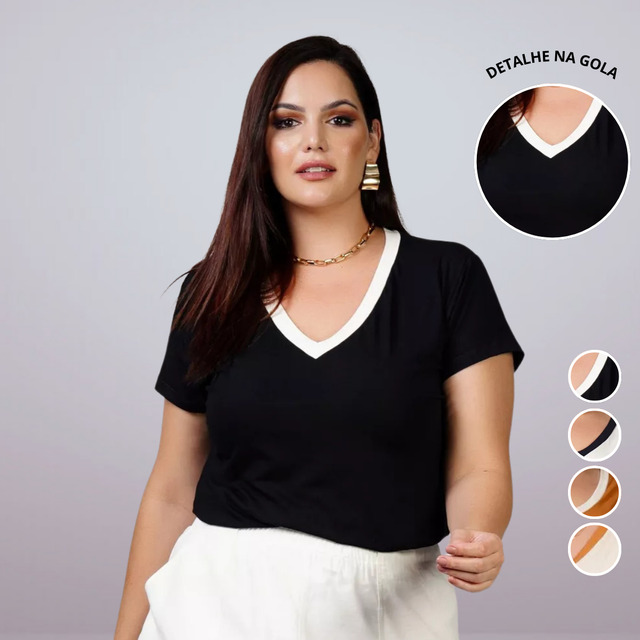 Camiseta Gola V Plus Size Feminina Blusa Bicolor Básica Camiseta Gola V Plus Size Feminina Blusa Bicolor Básica