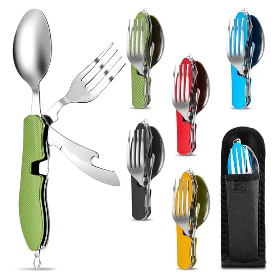 Juego De 5 Cubiertos Campamento Tessco Plegables Con Estuche