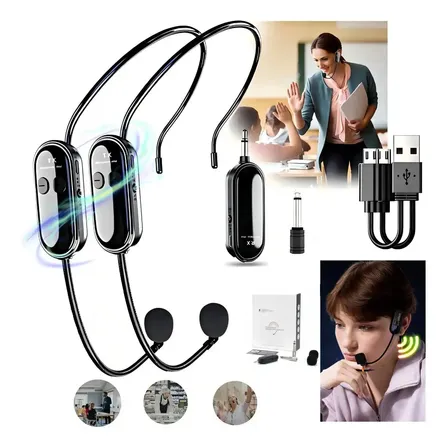 2 Kit Microfone Sem Fio Profissional Headset P/aula Conferencia Aula Professor Show Preto