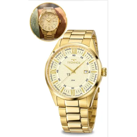 Relógio Technos De Pulso Masculino Dourado Aço Inoxidável Analógico Quartzo Prova D'água 50 Metros