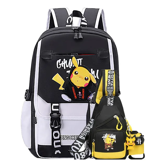 Mochila Estudante Usb Impermeável Pikachu E Crossbody Saco
