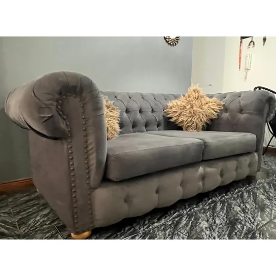 Sofa Chester Sillon Chesterfield 2 Cuerpos Pana Gris Oscuro Liso