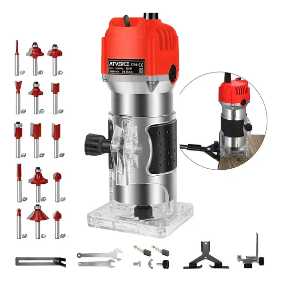 Atverce Router Recortadora Madera Rebajadora 800w con 15 Brocas Carburo 127V ATV-XBJ-66