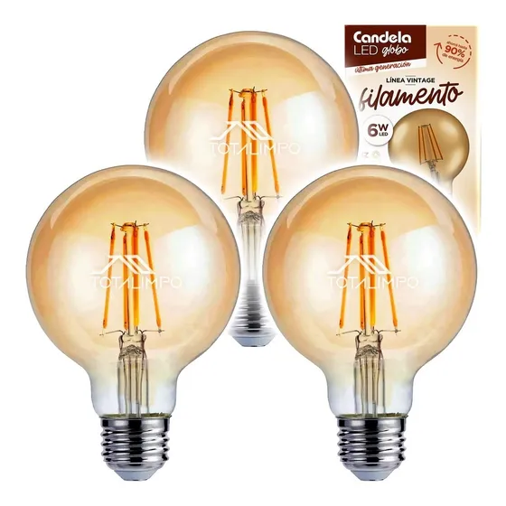 3 Lámparas Led Globo Filamento 6w Luz Cálida Candela 6808