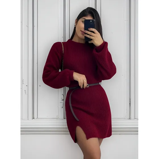 Vestido Tricot Midi Fio Mousse Com Fenda Manga Longa Inverno