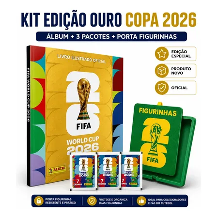 Album Copa Do Mundo 2026 Ouro + 3 Pacotes + Porta Figurinhas