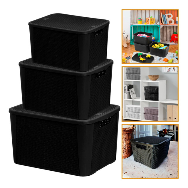 Kit 3 Caixas Organizadoras Rattan Preta Pequena Média Grande Kit 3 Caixas Organizadoras Rattan Preta Pequena Média Grande