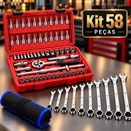 Kit Jogo De Ferramentas 58 Peças Completo Profissional com Catraca e Soquetes 46 Peças Com Maleta + 12 Chave Combinada Com Estojo Conserto Carro Moto Casa Oficina Kit Soquetes Com Catraca Hardline